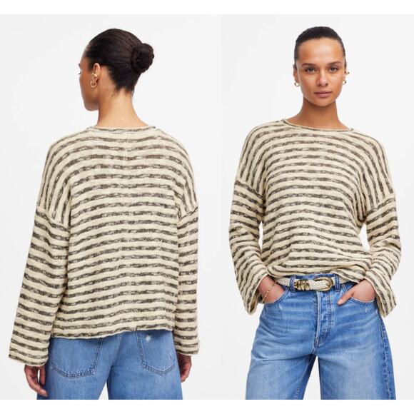 Madewell | NWT Crewneck Long-Sleeve Knit Tee in Stripe navy cream | Sz M - Picture 1 of 10